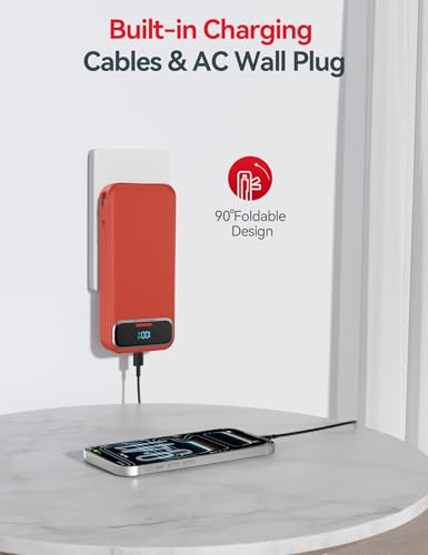 aonidi Portable Charger 20000mAh with Built-in Cables&AC Wall Plug, Red - color: Crimson
