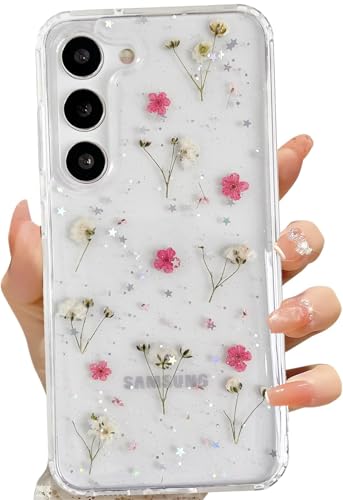 LSEEKA for Samsung Galaxy S23 Clear Case with Pressed Real Dried Pink Flower Design,Transparent Glitter Cute Floral Slim Soft TPU Protective Phone Cover for Samsung Galaxy S23 - color: Pink, size: for Samsung Galaxy S23