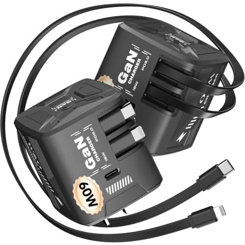 W & O 60W Gan Fast Charger Wall Plug, Built-in Retractable USB-C & L Cables - color: black+black