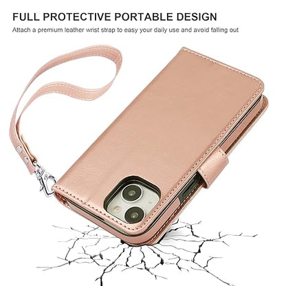 Bocasal Detachable Wallet Case Card Holder for iPhone 15, Rose Gold | RFID Blocking Kickstand Card Slots Holder PU Leather Magnetic Shockproof Wrist Strap Removable Flip Protective Cover 6.1 inch - color: Rose Gold