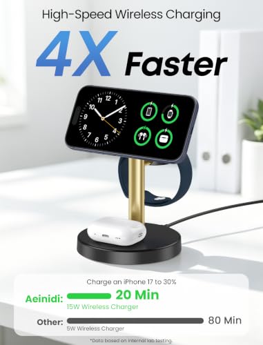 Aeinidi 3 in 1 Fast Wireless Charging Station for Apple MagSafe Charger - color: Gold Black, size: 15W