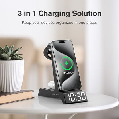 ANJANK 4 in 1 Wireless Charging Station Alarm Clock, Charging Dock for Apple Devices, Charger Stand for iPhone 18 Duo 17 Air 16 15 14 Series for Apple Watch 12 11 10 9 8 7 UItra/SE & AirPods, Dimmable - color: Black