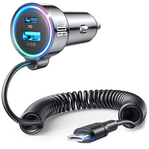 FLYLEAD 90W Car Charger USB C Fast Charge,PD45W for iPhone 18/17/16 Pro Max - color: Black - 5 FT
