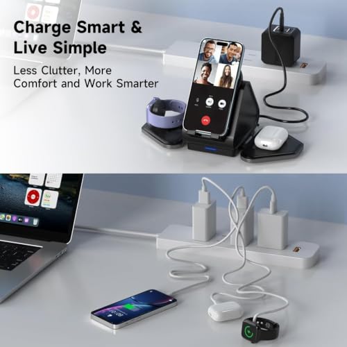 3 in 1 Charging Station, Mag Safe Wireless Charger Stand, Qi2-enable, 15W Multiple Device Magnetic Charging Station for iPhone 16,15,14,13,12 Series, Apple Watch, AirPods (USB-C Charger Included)