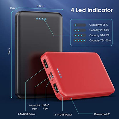 [2 Pack] Portable Charger Power Bank 10000mAh,Ultra Slim Compact External Battery Pack with USB C Input & Dual USB Outputs Backup Charger Compatible with iPhone 13,12, Samsung S20,Tablet-Black+Red - color: Black+Red