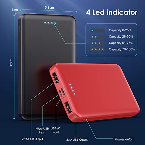 [2 Pack] Portable Charger Power Bank 10000mAh,Ultra Slim Compact External Battery Pack with USB C Input & Dual USB Outputs Backup Charger Compatible with iPhone 13,12, Samsung S20,Tablet-Black+Red - color: Black+Red