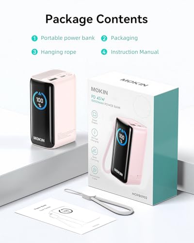 MOKiN Portable Charger with Built-in Retractable USB-C Cable, 45W Fast Charging 10000mAh Power Bank, Compact Travel Battery Pack for iPhone 17/16, Samsung Galaxy, iPad, Pixel and More - color: Pink