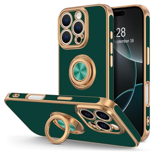 Hython for iPhone 16 Pro Max Case with Ring Stand, 360° Rotatable Ring Holder Magnetic Kickstand, Plating Rose Gold Edge Soft Cover Protective Phone Case for iPhone 16 Pro Max 6.9", Midnight Green - color: Midnight Green, size: Iphone 16 Pro Max - 6.9 Inc