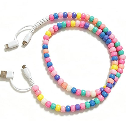 IIIZ 4-in-1 Beaded Charger 65W USB C Carplay Cable for iPhone Duo/18/Galaxy - color: Colorful