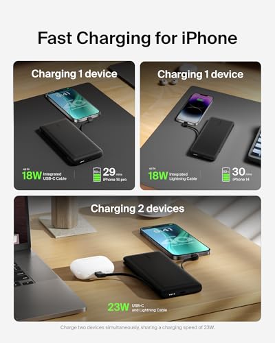 Belkin 10K 23W Portable Charger Power Bank, Integrated USB C and LTG Cables - color: Black