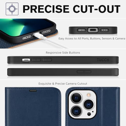 TUCCH Case Wallet for iPhone 13 Pro 6.1", RFID Blocking Folio, Blue & Brown | 3 Card Holders, Kickstand, PU Leather, Magnetic Closure, Shockproof TPU Shell, Protective Flip Cover - color: Dark Blue & Brown