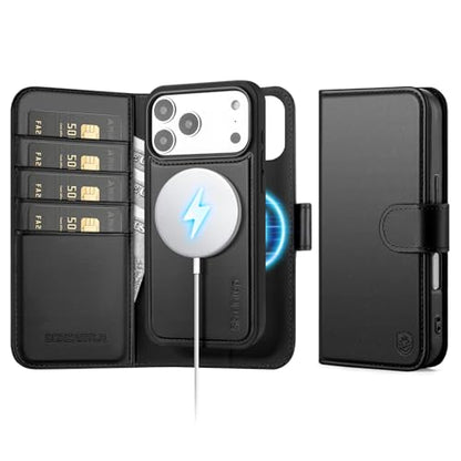 Magnetic 2 in 1 Detachable Compatible with Magsafe iPhone 17 Pro Genuine Wallet Case with Card Holder,Women Men Real Leather Flip RFID Blocking Credit Card Slots Stand Phone Cover,Black - color: Black, size: iPhone 17 Pro - 6.3"