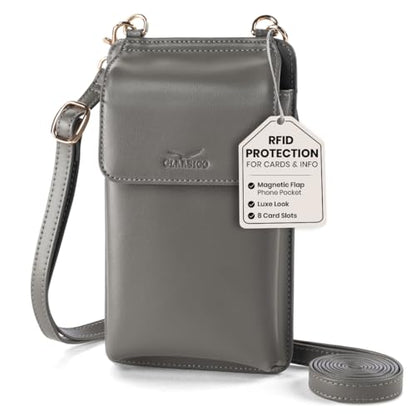 Crossbody Phone Purse for Women – RFID Phone Case Wallet w/Magnetic Closure & Separate Zipper Pocket Crossbody Bag - color: Grey