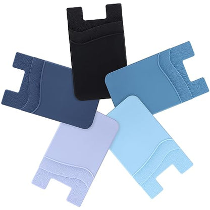 Phone Wallet Stick on,5Pack Phone Card Holder for Back of Phone Case,Silicone Sticky Credit Card Holder for Cell Phone Double Pocket Sticker All Smartphones—Navy,Sierra,Pastel,Blue,Black