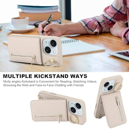 Crossbody Wallet Case for iPhone 11, with Card Slots Zipper Pocket Case, Flip Folio Purse RFID Blocking with Ring Kickstand Detachable Strap-Beige - color: Beige, size: iPhone 11(6.1")