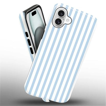 Compatible with iPhone 16 Plus Case,Glossy 2-in-1 Sleek All-Inclusive Dual-Layer Material Soft TPU + PC Back for Blue Stripes Geometric Pastel Summer Beach - color: Blue Stripes Geometric Pastel Summer Beach-Glossy, size: iPhone 16 Plus