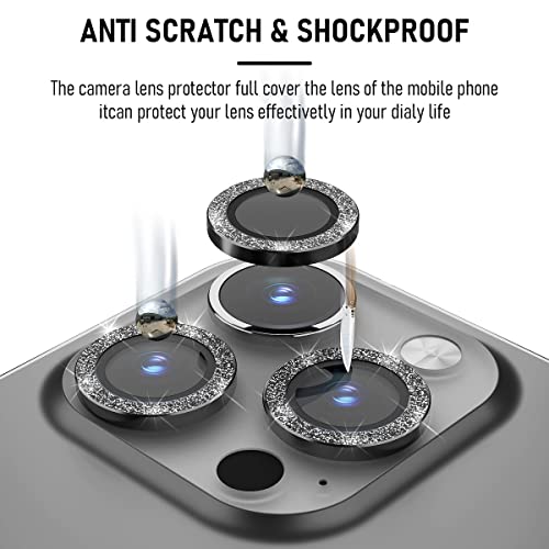 Suoman 3-Pack for iPhone 13 Pro 6.1 inch / 13 Pro Max 6.7 inch Camera Lens Protector, 9H Hardness Tempered Glass Film, [Glitter diamonds] Individual Metal Protective Cover- Black - color: Black