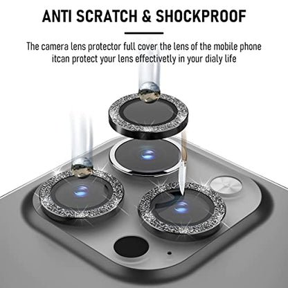 Suoman 3-Pack for iPhone 13 Pro 6.1 inch / 13 Pro Max 6.7 inch Camera Lens Protector, 9H Hardness Tempered Glass Film, [Glitter diamonds] Individual Metal Protective Cover- Black - color: Black