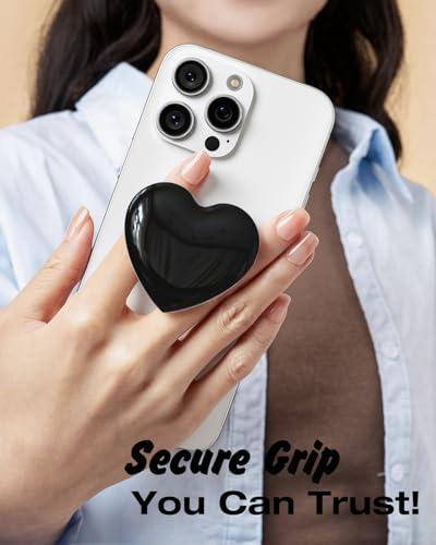 Svanove Heart Adhesive Phone Grip Holder, Cute Collapsible Glass Stick Phone Grip Stand Expanding Kickstand for iPhone Samsung Phones Accessories, 3D Crystal Pretty Glitter Love Sticky Grips, Black - color: Blcak, style: Adhesive