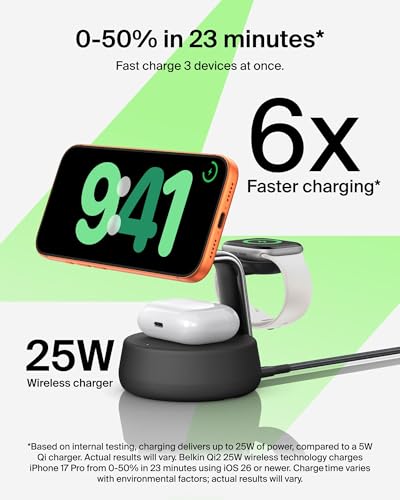 Belkin Qi2.2 25W Wireless Fast Charging Station, 3 in 1 iPhone Charger - color: Black, style: 3 in 1