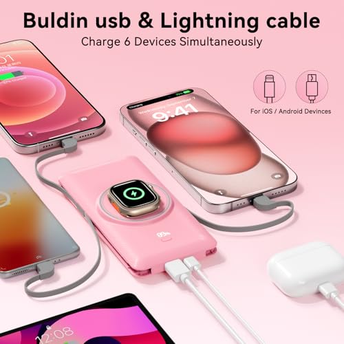 Magnetic 10000mAh Portable Charger for iWatch & iPhone, PD Fast Charging Wireless Power Bank Built-in Cables and Wall Plug, External Travel Battery Pack Compatible with iOS Android Phones - color: Sakura Pink
