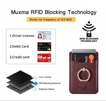 Card Holder Sleeve with Ring, RFID Credit Wallet PU Leather Stick On Back Grip for iPhone Samsung Smartphone - Burgundy - color: Burgundy