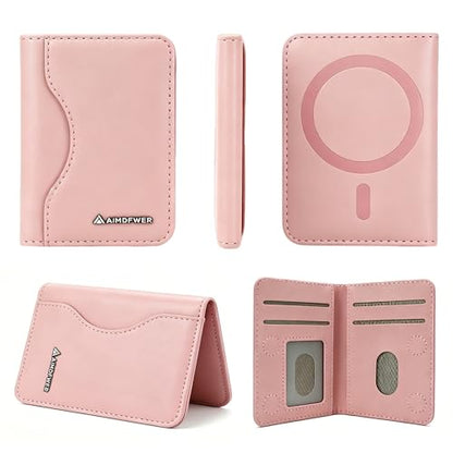 MagSafe Wallet Stand with ID Window, 7 Card Holder with RFID Blocking for MagSafe Phone and Case, Slim Leather Magnetic Wallet for iPhone 17e/17/16/15/14/13/12 Series(Pink) - color: Pink