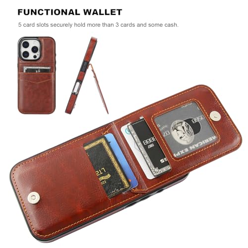 KIHUWEY for iPhone 16 Pro Wallet Case Card Holder Kickstand, Brown | Credit Card Slots, PU Leather, Magnetic Clasp, Flip Heavy Duty Protection Cover for Men and Women - color: Brown