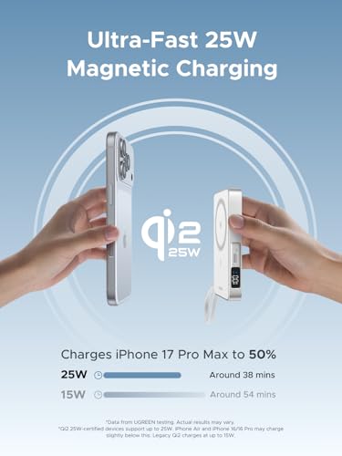 UGREEN MagFlow 10000mAh Qi2 25W Wireless Power Bank Built-in Cable - color: White