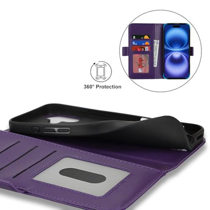 Ｈａｖａｙａ for iPhone 16 case Wallet with Card Holder Zipper for Women Men PU Leather Flip Folio Credit Card Slots Stand Shockproof Phone Cover(6.1")-Deep Purple - color: Deep Purple-A