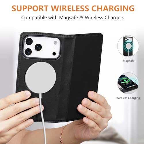 for iPhone 17 Pro Max 6.9" Wallet Case Card Holder Black | Magsafe Compatible,RFID Blocking,Kickstand,Folio Cover,Genuine Leather - color: Black, size: 6.9" iPhone 17 Pro Max