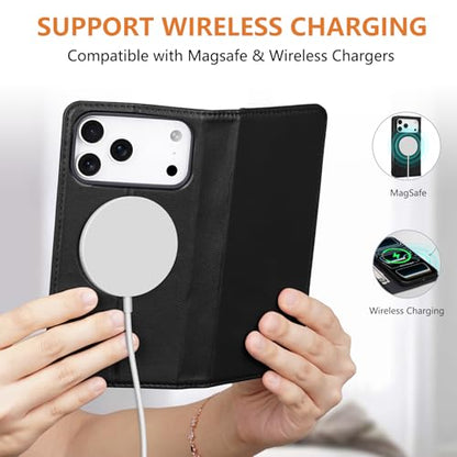 for iPhone 17 Pro Max 6.9" Wallet Case Card Holder Black | Magsafe Compatible,RFID Blocking,Kickstand,Folio Cover,Genuine Leather - color: Black, size: 6.9" iPhone 17 Pro Max