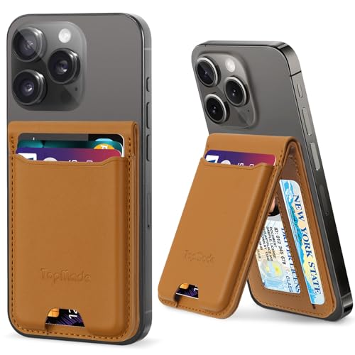 TopMade Phone Card Holder, Leather Phone Wallet Stick on with Stand, Open ID Window, Strongest 3M Adhesive Credit Card Holder for Back of Phone Case, iPhone, Samsung, and Android, Fit 6 Cards, Brown - color: Brown