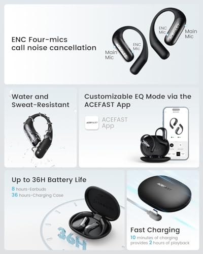 Acefast AceFit Air Open Ear Headphones, Wireless Earbuds with Rich Bass, Bluetooth 5.4 Sports Headphones with Charging Case, 32H Playtime Earbuds IP54 Waterproof for Running, Cycling, Walking, Workout
