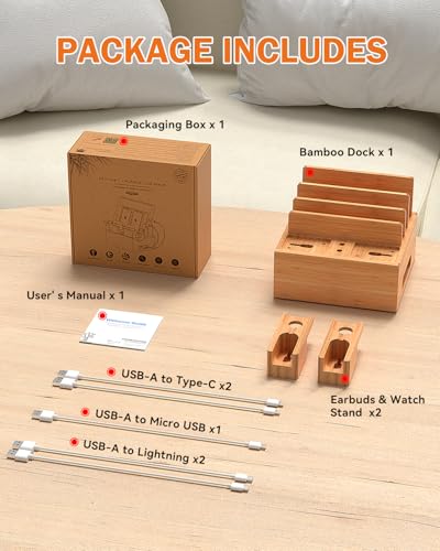 Pezin & Hulin Bamboo Phone Charging Stand with 2 Watch & Earbuds Holders - color: Dock Rack+Cables