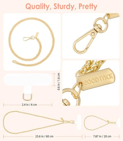 MoKo Metal Phone Crossbody Chain Lanyard with Wrist Strap and 2 Patches - color: Pale Gold