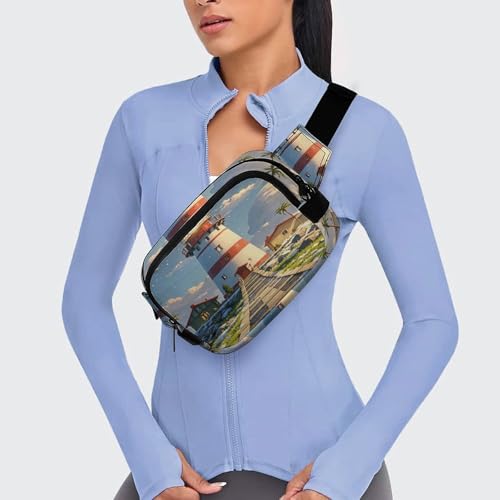 Lighthouse Fanny Packs for Women Men Double Layer Fashion Waist Pack Adjustable Belt Bag with Pockets Small Crossbody Bags for Running Hiking Workout Travel Daily Use