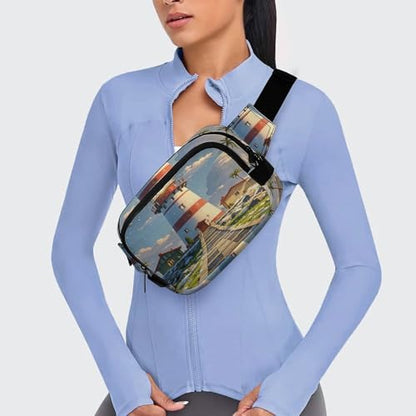 Lighthouse Fanny Packs for Women Men Double Layer Fashion Waist Pack Adjustable Belt Bag with Pockets Small Crossbody Bags for Running Hiking Workout Travel Daily Use