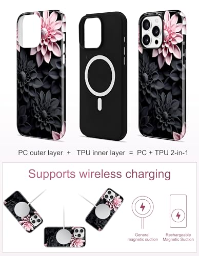 Jusy Magnetic Floral Phone Case for iPhone 14 Pro,Black Pink | Compatible with MagSafe, Cute Aesthetic Floral Design, TPU and PC Protective Shockproof Cover - color: Black Pink Lotus