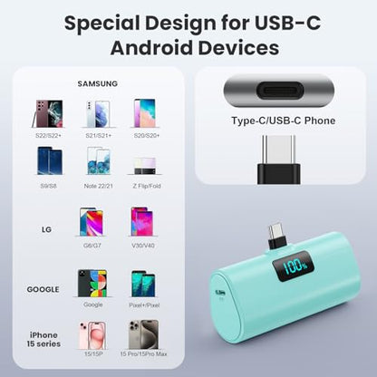 [2-Pack]Portable Charger for iPhone 16/15 Series,5200mAh PD USB C Power Bank Built-in USB-C Connector,Battery Pack Compatible with iPhone 16/16 Plus/16 Pro/16 Pro Max/15 Series,Android (Blue+Green) - color: Blue+Green