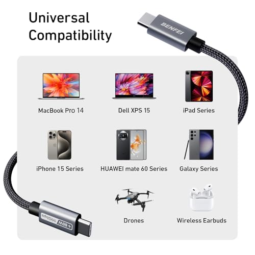 BENFEI Short USB C Fast Charging Cable(1ft, 2 Pack, 10Gbps, 60W, Silicone Cable) Compatible with iPhone 15 Plus/15 Pro Max, MacBook Pro, iPad Pro Air 4, Samsung Galaxy S23+ S22 S21 Ultra