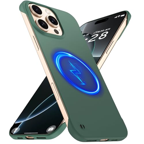 GRECAZO Magnetic Slim Frameless Case for iPhone 16 Pro, Dark Green | Compatible with MagSafe, Soft-Touch Matte Hard PC Cover, Ultra Thin Lightweight Minimalist, Pull Ring Lanyard, 6.3 Inch - color: Dark Green, size: iPhone 16 Pro