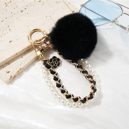 WOZEAH Phone Charm for Women, Beaded Wrist Strap Lanyard with Tether Tab – Detachable Phone Chain Wristlet - color: Black Pompom