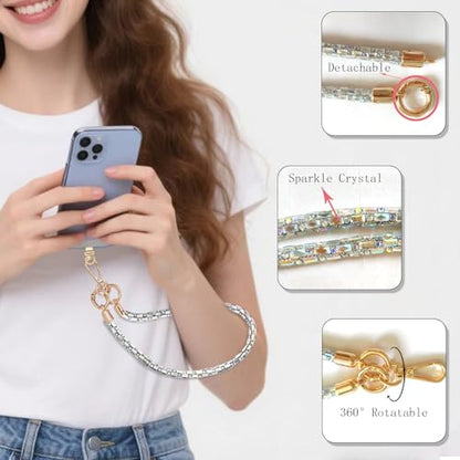 Crystal Phone Lanyard Crossbody Adjustable Rhinestone Anti-Theft Phone Strap Crossbody Cell Phone Neck Strap for Women - color: Ab White