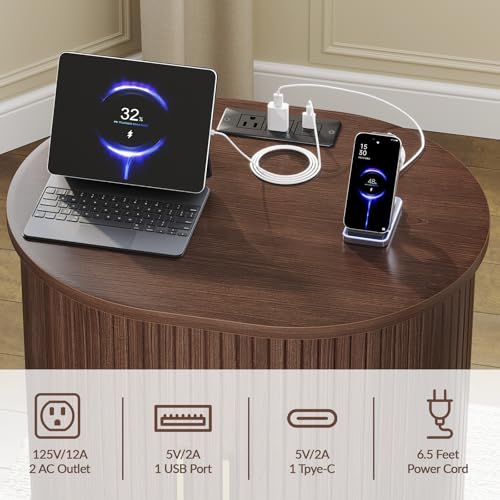 DHH Mid Century Modern Nightstand with Charging Station, Fluted Accent Side Table with Sliding Door & Adjustable Shelf, End Table for Small Space, Living Room, Bedroom,Sofa Couch (1, Walnut) - color: Walnut