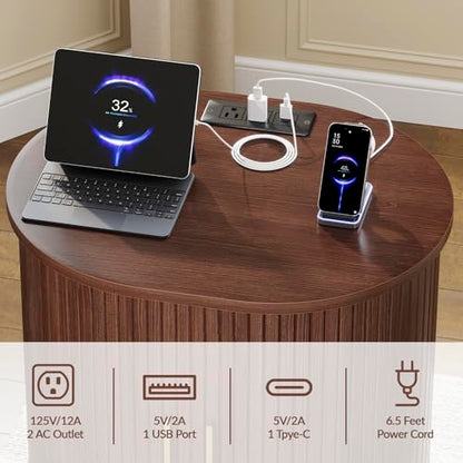 DHH Mid Century Modern Nightstand with Charging Station, Fluted Accent Side Table with Sliding Door & Adjustable Shelf, End Table for Small Space, Living Room, Bedroom,Sofa Couch (1, Walnut) - color: Walnut