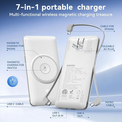 Magnetic 10000mAh Portable Charger for iWatch & iPhone, PD Fast Charging Wireless Power Bank Built-in Cables and Wall Plug, External Travel Battery Pack Compatible with iOS Android Phones - color: White