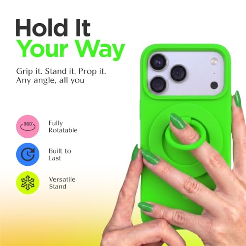 FELONY CASE - Neon Green Ring Grip and Stand - Version 2.0, Improved Stronger Magnet, Magnetic Phone Ring Holder for MagSafe Compatible iPhone 17,16, 15, 14, 13, 12, Pro Max, Air - Drop Protection - color: Neon Green