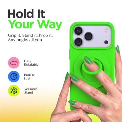 FELONY CASE - Neon Green Ring Grip and Stand - Version 2.0, Improved Stronger Magnet, Magnetic Phone Ring Holder for MagSafe Compatible iPhone 17,16, 15, 14, 13, 12, Pro Max, Air - Drop Protection - color: Neon Green