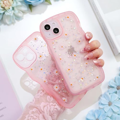 Glitter case for iPhone 13/14 Flowers Pink | Bling Sparkle Glitter，Flowers，Full Protection Soft TPU，Kawaii Cute Phone Case for Women Girls - color: Flowers Pink